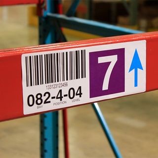 Warehouse location label with barcode and directional arrow